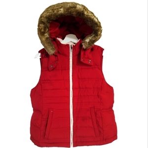 Ann Taylor Loft Puffer Down Vest Removable Hood in Red Size Medium